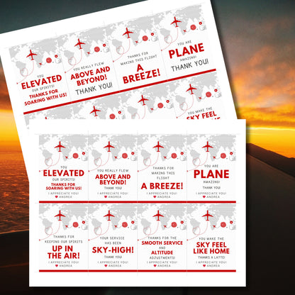 Printable aviation thank you gift tags in red and white minimalist design with airplane illustration, ideal for flight crew appreciation gifts.