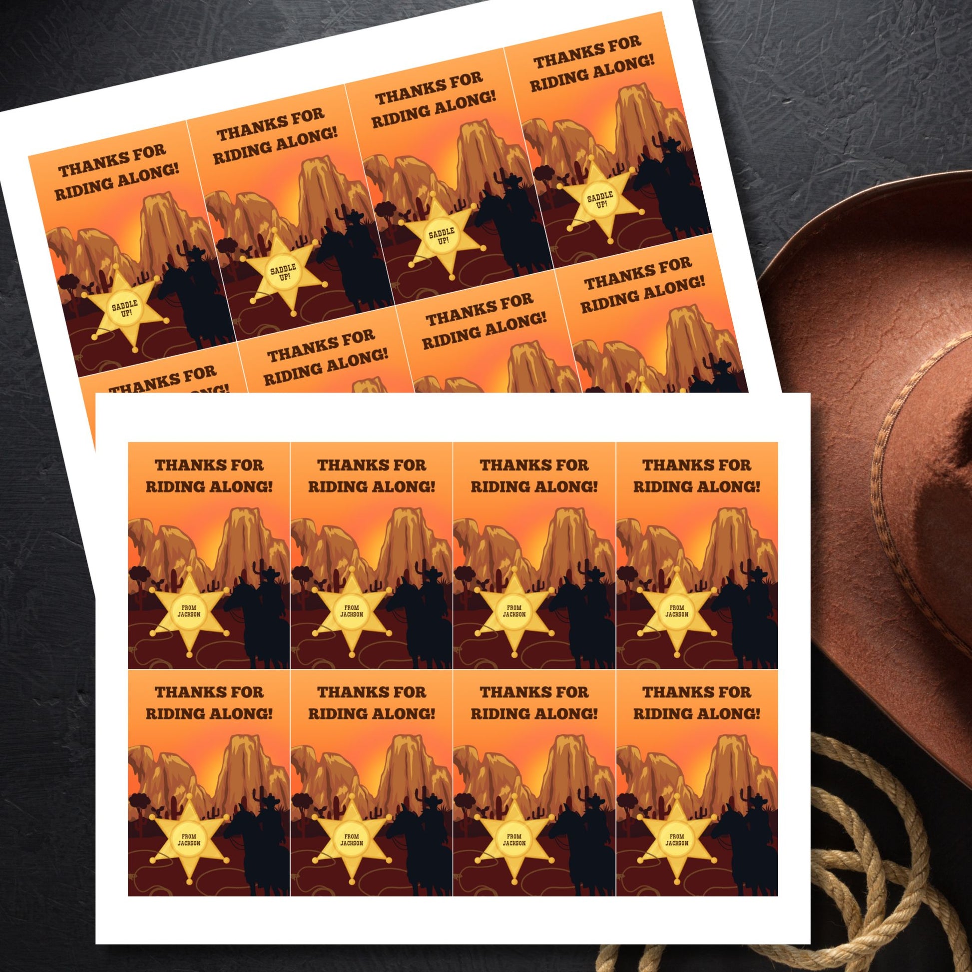 Wild West editable thank you gift tags printable for cowboy party favors with rustic Western design and "Thanks for Riding Along" message.