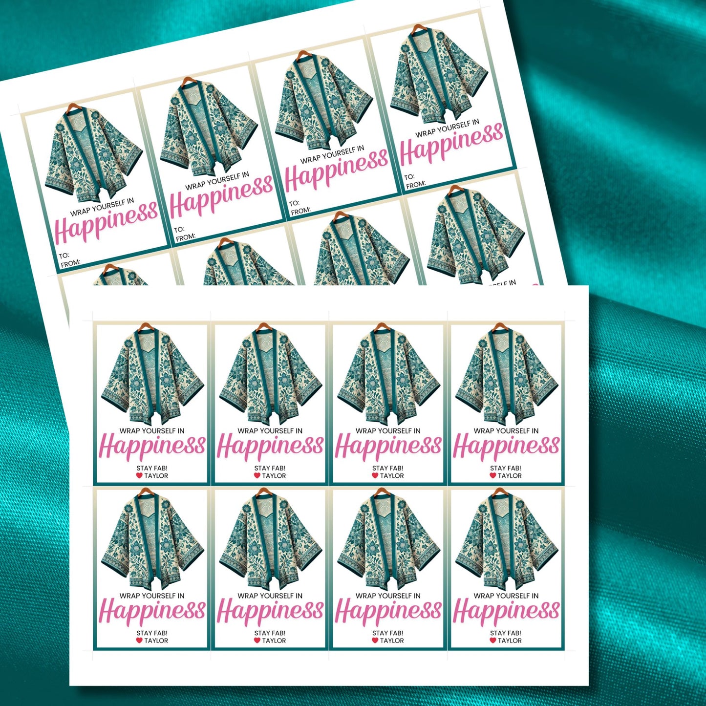 Printable kimono gift tags featuring a colorful kimono design with the text "Wrap Yourself in Happiness" and customizable space for names, perfect for adding a personal touch to any gift.