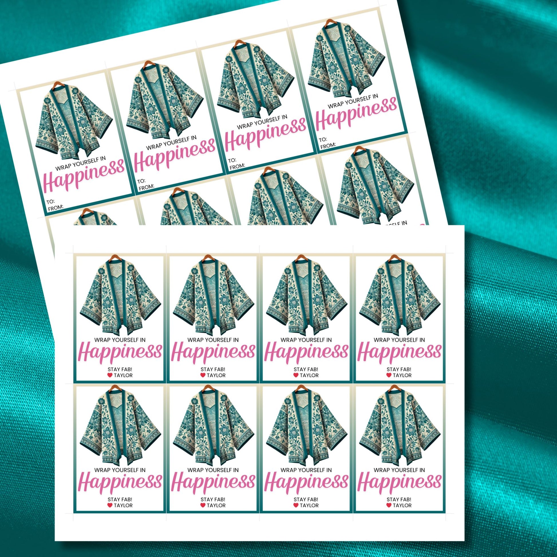 Printable kimono gift tags featuring a colorful kimono design with the text "Wrap Yourself in Happiness" and customizable space for names, perfect for adding a personal touch to any gift.