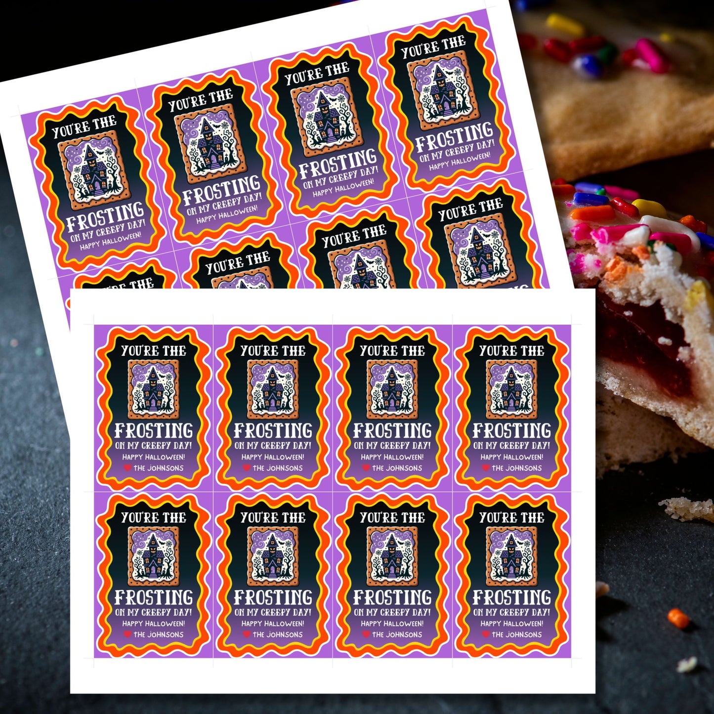 Colorful Halloween Pop-Tart-themed gift tag with a haunted house design and the message 'You're the Frosting on My Creepy Day!' Perfect for spooky treat bags.