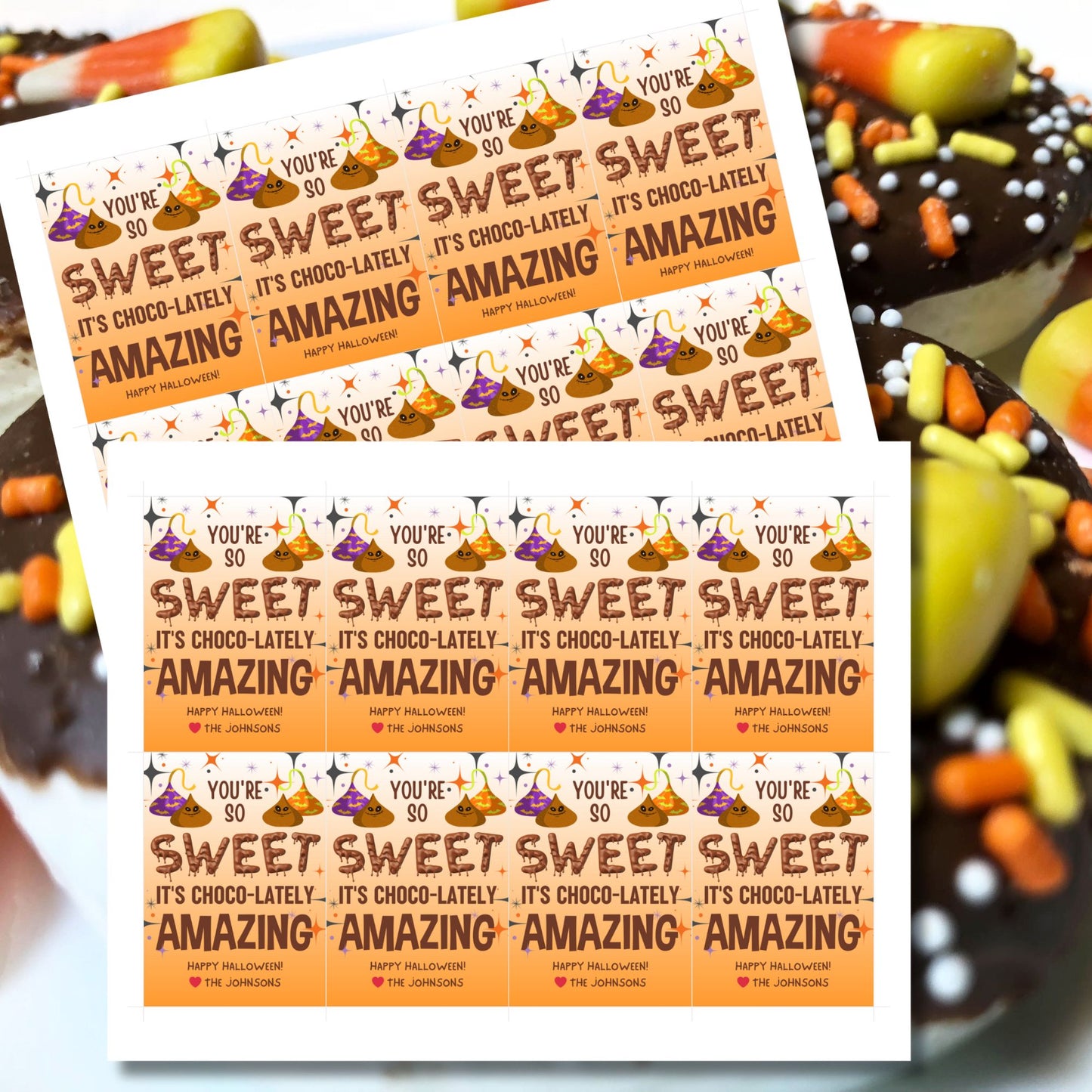 Halloween-themed printable gift tags with the message "You're So Sweet It's Choco-lately Amazing" featuring playful chocolate designs. Tags are 2.5 x 3.5 inches, laid out 8 per sheet on a standard 8.5 x 11-inch page. Includes a printable PDF and a PDF with a link to an editable Canva template.