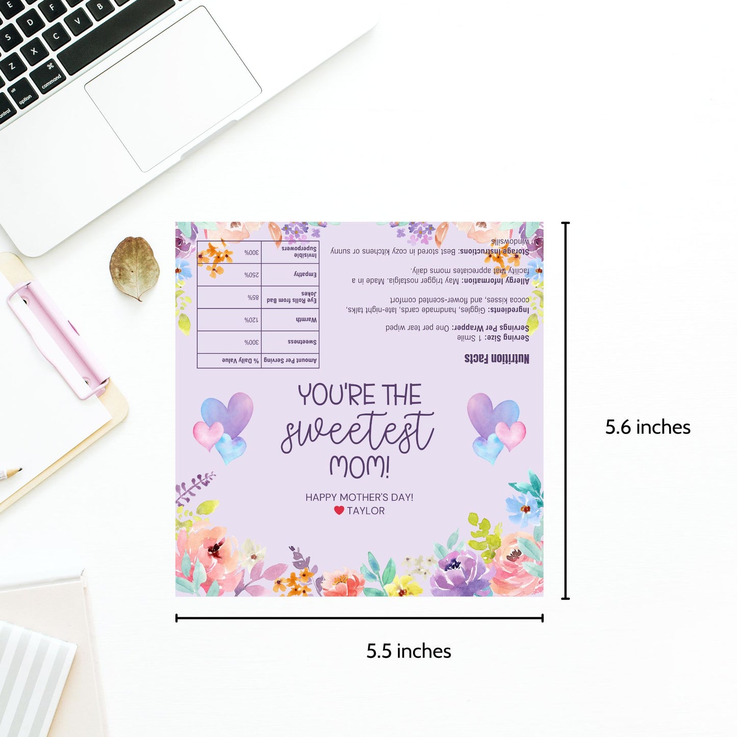 Floral watercolor chocolate bar wrapper with the message “You’re the Sweetest Mom!” in soft purple and heart accents – printable gift for Mother's Day, grandma, or church moms.