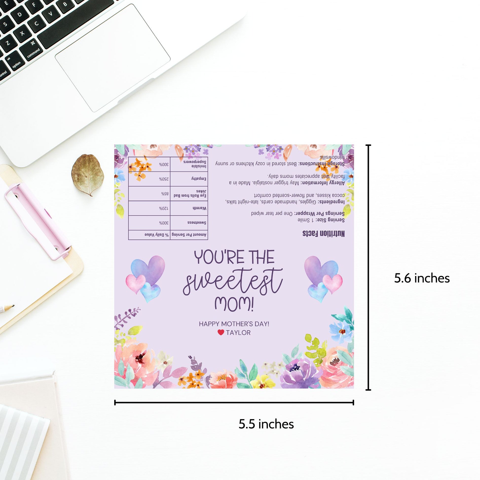Floral watercolor chocolate bar wrapper with the message “You’re the Sweetest Mom!” in soft purple and heart accents – printable gift for Mother's Day, grandma, or church moms.