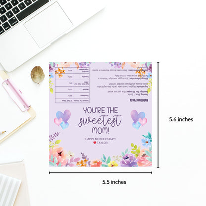 Floral watercolor chocolate bar wrapper with the message “You’re the Sweetest Mom!” in soft purple and heart accents – printable gift for Mother's Day, grandma, or church moms.