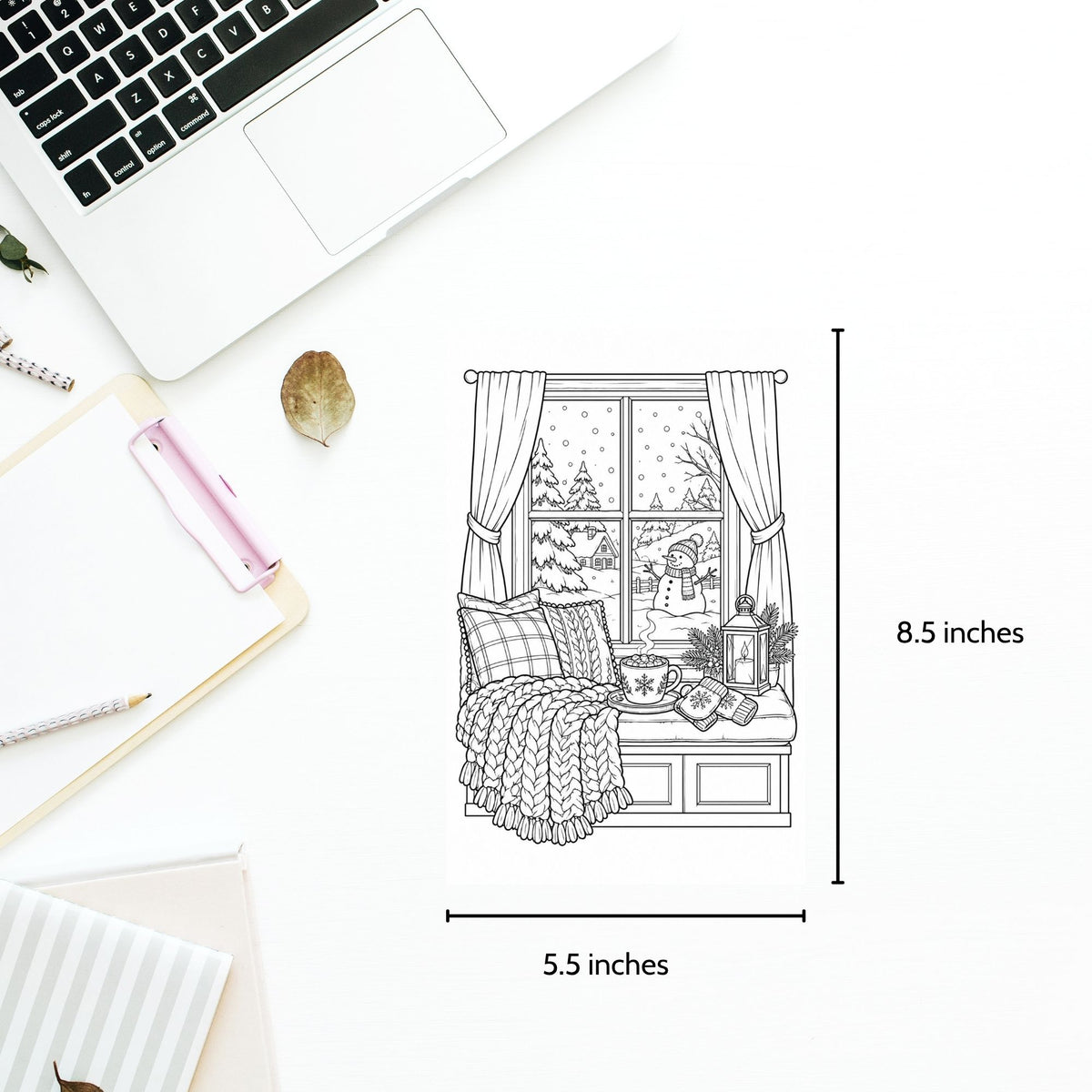 A black-and-white line drawing of a cozy window seat scene with pillows, blanket, curtains, and a snowy outdoor view, shown on a white background with dimension labels reading 8.5 inches tall and 5.