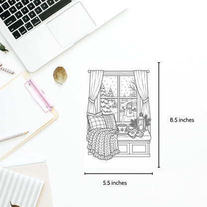 A black-and-white line drawing of a cozy window seat scene with pillows, blanket, curtains, and a snowy outdoor view, shown on a white background with dimension labels reading 8.5 inches tall and 5.