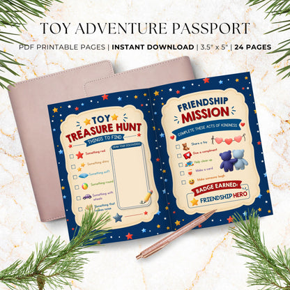 Printable Toy Adventure Passport open to Toy Treasure Hunt and Friendship Mission pages with scavenger hunt activities, kindness challenges, and drawing space.