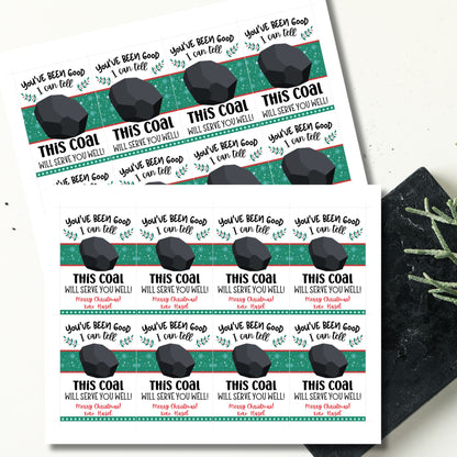 Festive and funny printable gift tags reading, "You've Been Good, I Can Tell, This Coal Will Serve You Well!" Ideal for coal-themed gifts like soap or treats. Includes editable Canva template and printable PDF.