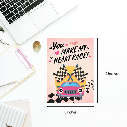 Printable Valentine’s Day Greeting Card featuring the phrase “You Make My Heart Race.” Designed as a 5x7 PDF on an 8.5 x 11 sheet with two cards per page. A fun and high-energy Valentine’s card for car lovers.