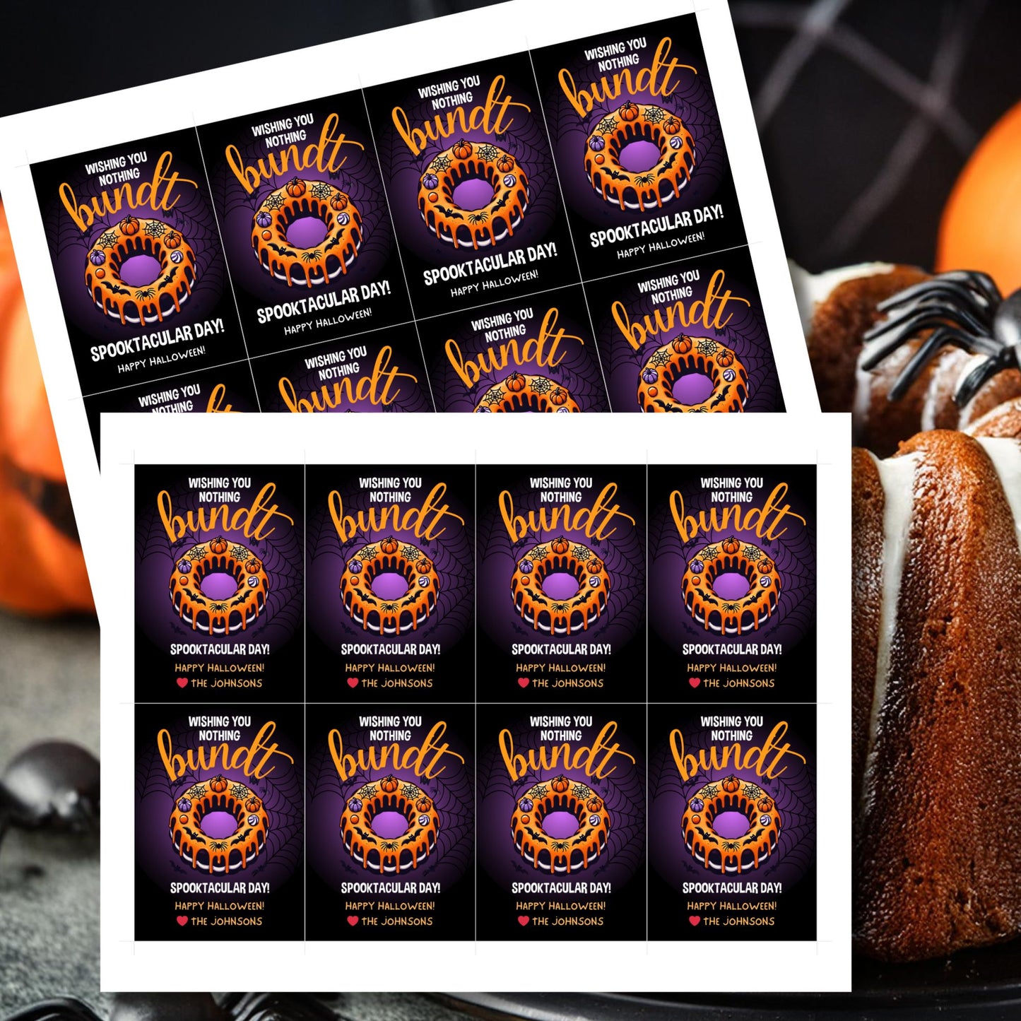 Halloween gift tag featuring a bundt cake decorated with pumpkins and spiderwebs, with the message 'Wishing You Nothing Bundt a Spooktacular Day!'