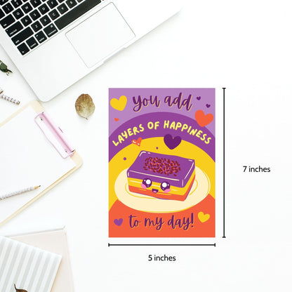 Printable Valentine’s Day card featuring the phrase “You Add Layers of Happiness to My Day” with a Filipino Sapin-Sapin-inspired design. Designed as a 5x7 PDF on an 8.5 x 11 sheet with two cards per page. A punny and heartfelt Valentine’s card for Filipino food lovers.