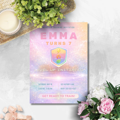 Editable pastel rainbow monster trainer inspired birthday invitation with soft glowing arena, cute badge design, and customizable party details in Canva