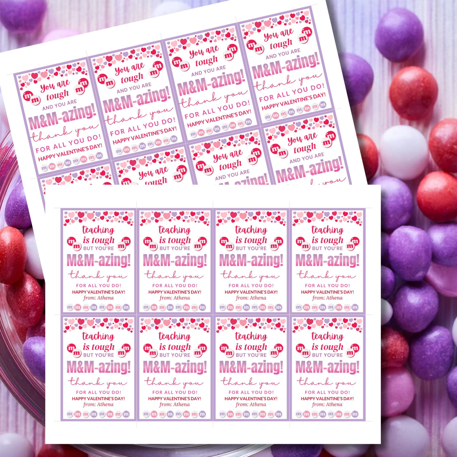 Printable and editable M&M-themed appreciation gift tags with the message "Teaching is tough, but you’re M&M-azing!" Buyers can customize the word "teaching" to fit different professions. Perfect for attaching to M&Ms or sweet treats.
