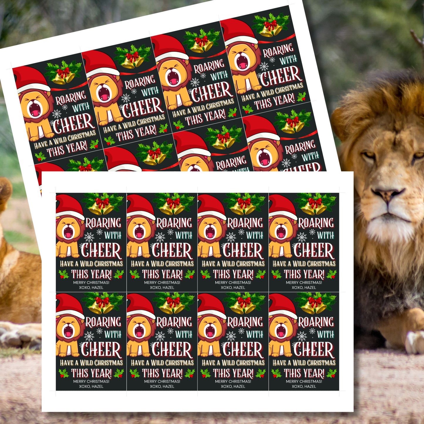 Christmas-themed lion gift tags featuring a cute cartoon lion in a Santa hat, surrounded by bells, holly, and snowflakes. The text reads 'Roaring with Cheer - Have a Wild Christmas This Year!'