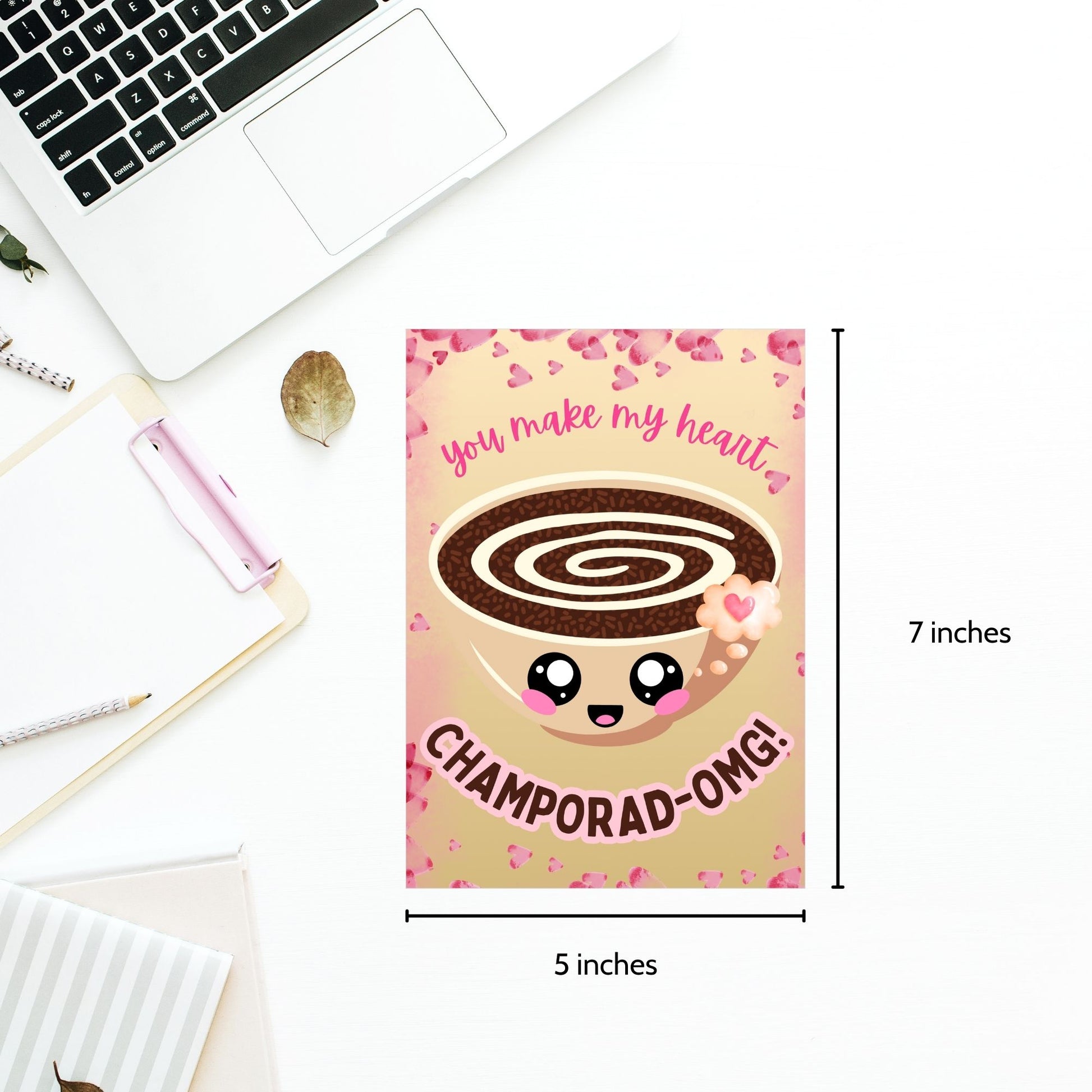 Printable Valentine’s Day card featuring the phrase “You Make My Heart ChamporadOMG” with a Filipino Champorado-inspired design. Designed as a 5x7 PDF on an 8.5 x 11 sheet with two cards per page. A punny and heartfelt Valentine’s card for Filipino food lovers.