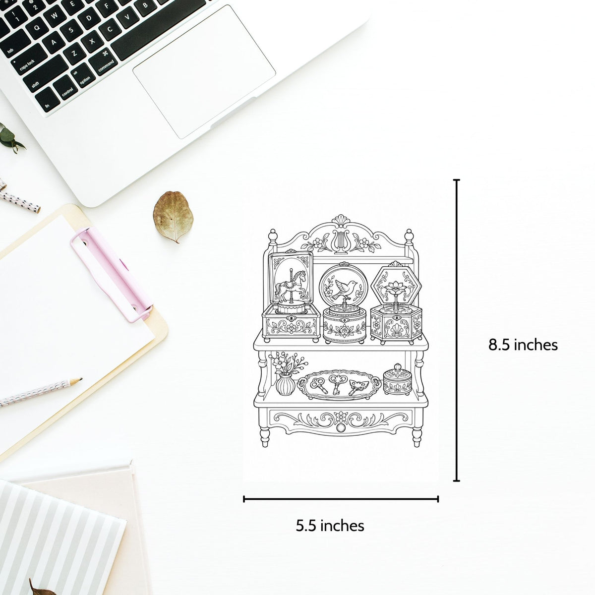A black line-art illustration of an ornate cabinet or display stand with decorative details, shown on a white background with measurement labels indicating 8.5 inches tall by 5.