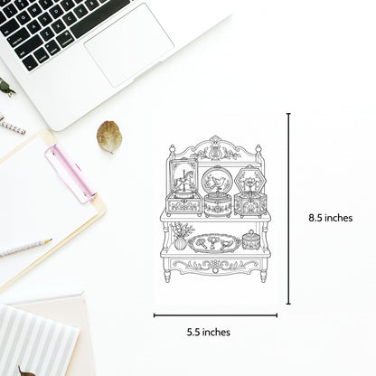 A black line-art illustration of an ornate cabinet or display stand with decorative details, shown on a white background with measurement labels indicating 8.5 inches tall by 5.