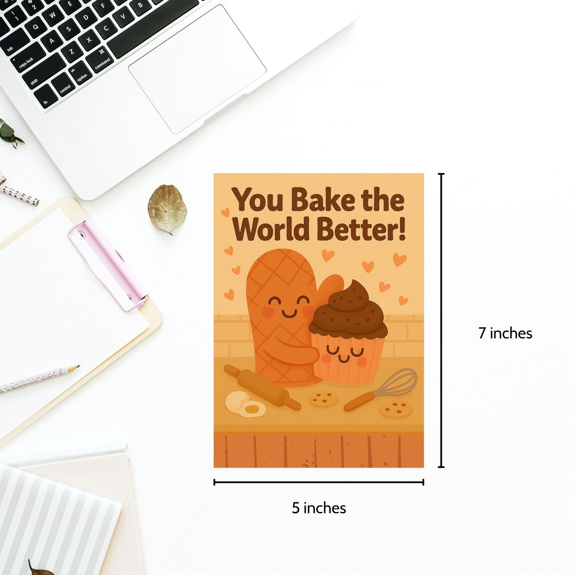 Printable 5x7 Mother's Day greeting card with a cute baking pun – "You Bake the World Better" featuring pastel illustrations and sweet treats, available as an instant download.