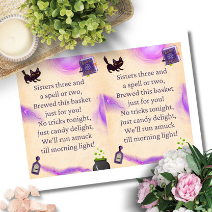 Halloween-themed card with text and illustrations on a white background with flowers and a candle.