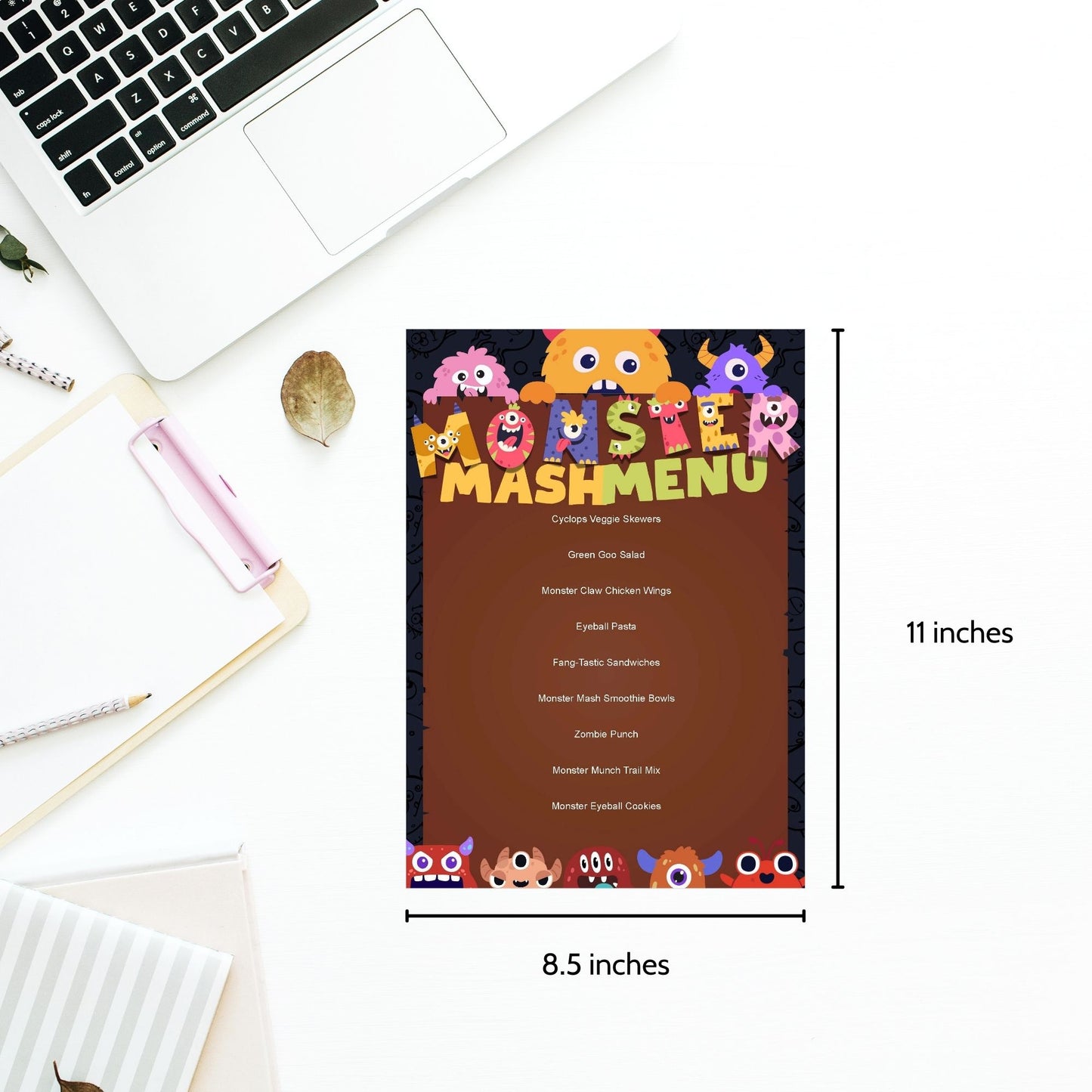 Editable Monster Mash Menu featuring fun, monster-themed food items like Cyclops Veggie Skewers, Monster Claw Chicken Wings, and Zombie Punch, perfect for Halloween and monster-themed parties.