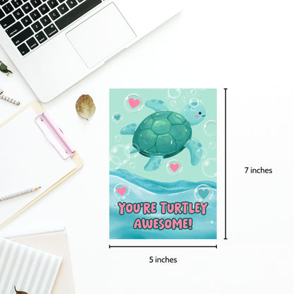 Printable Valentine’s Day Greeting Card featuring the pun “You're Turtley Awesome.” Designed as a 5x7 PDF on an 8.5 x 11 sheet with two cards per page. A cute and fun Valentine’s card for turtle lovers and friends.