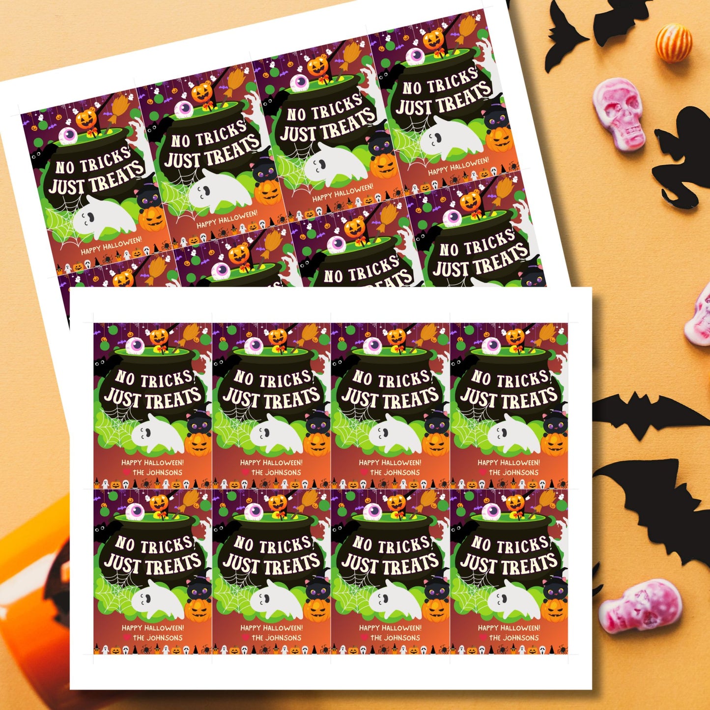 Halloween-themed printable gift tags with the message "No Tricks, Just Treats" featuring colorful cauldrons, ghosts, and pumpkins, perfect for treat gifts. Tags are 2.5 x 3.5 inches, laid out 8 per sheet on a standard 8.5 x 11-inch page. Includes a printable PDF and a PDF with a link to an editable Canva template.