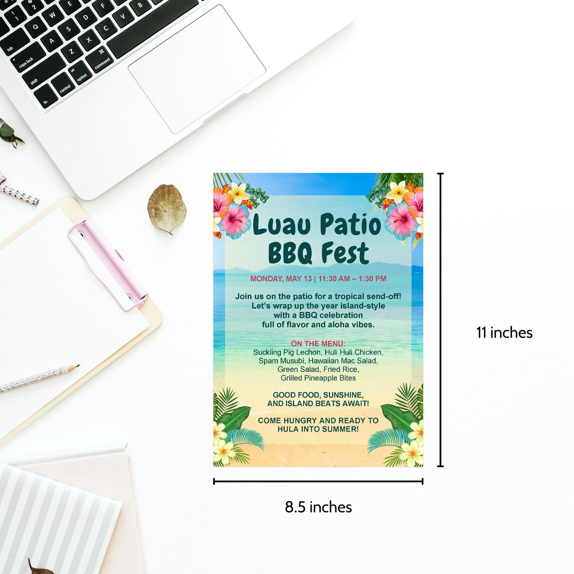 Editable Luau BBQ Fest flyer featuring a tropical beach background, vibrant florals, and customizable text for summer-themed events, school parties, or corporate cookouts.