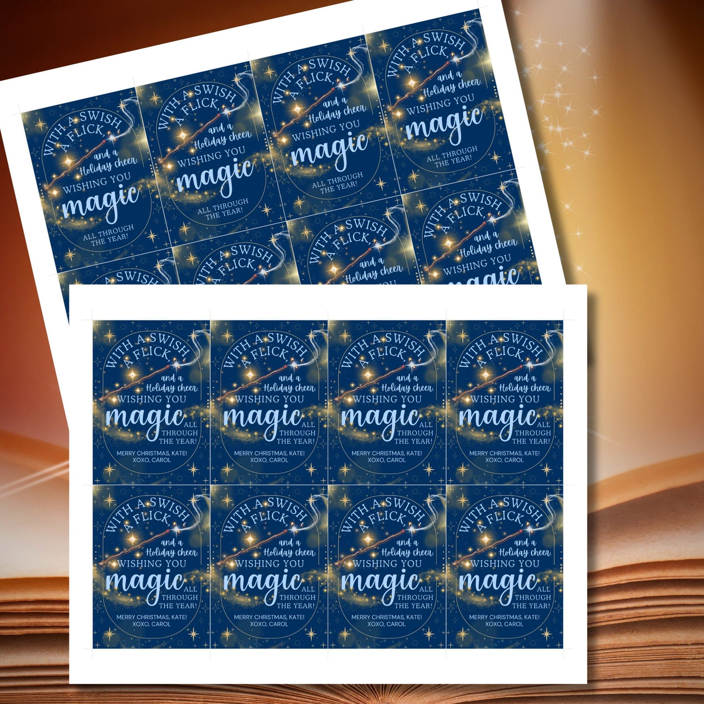 Harry Potter-inspired holiday gift tags featuring a wand, swirling gold magic, and starry background with the message 'With a Swish & Flick and Holiday Cheer, Wishing You Magic All Through the Year.'