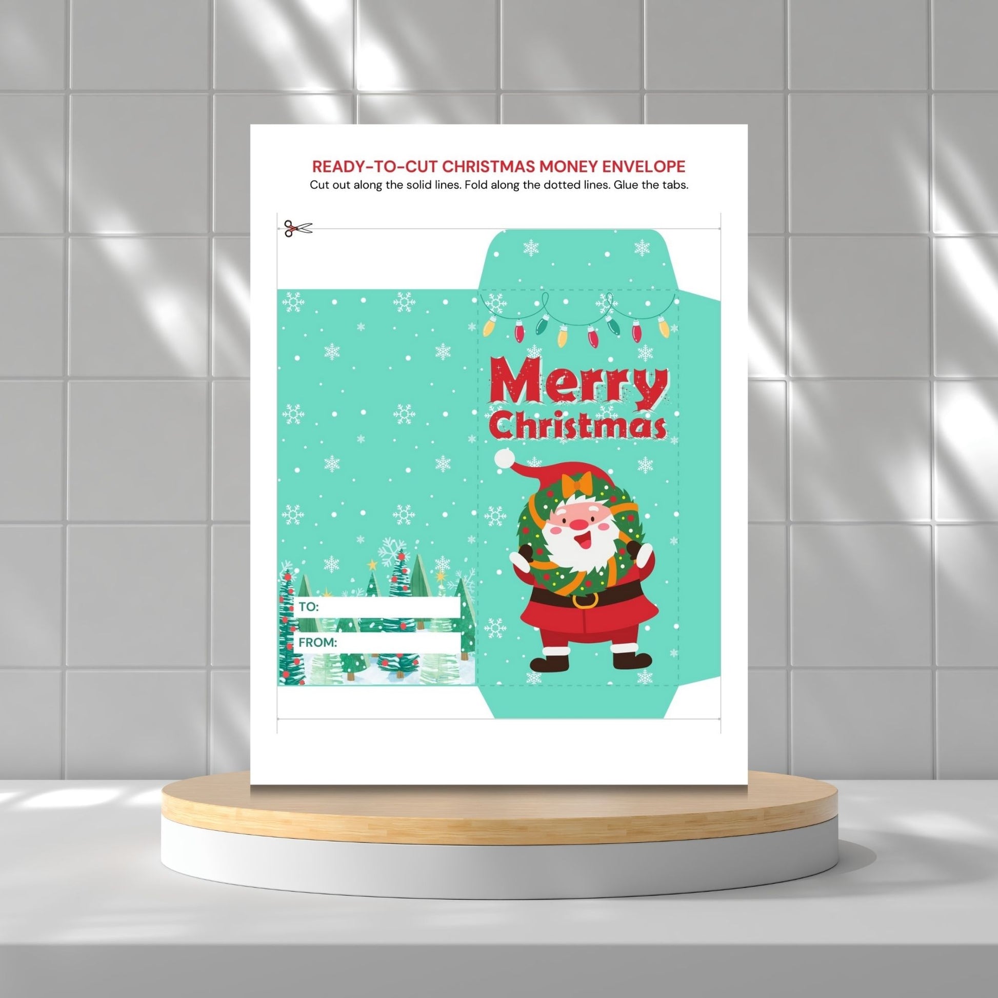 Christmas money envelope with Santa Claus design on a gray tiled wall background