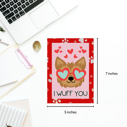 Printable Valentine’s Day Greeting Card featuring the pun “I Wuff You.” Designed as a 5x7 PDF on an 8.5 x 11 sheet with two cards per page. A cute and fun Valentine’s card for dog lovers.