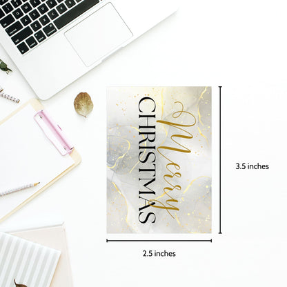 Luxury Christmas gift tags featuring a marble background with gold accents and black "Merry Christmas" typography, sized 2.5 x 3.5 inches, 8 tags per sheet.