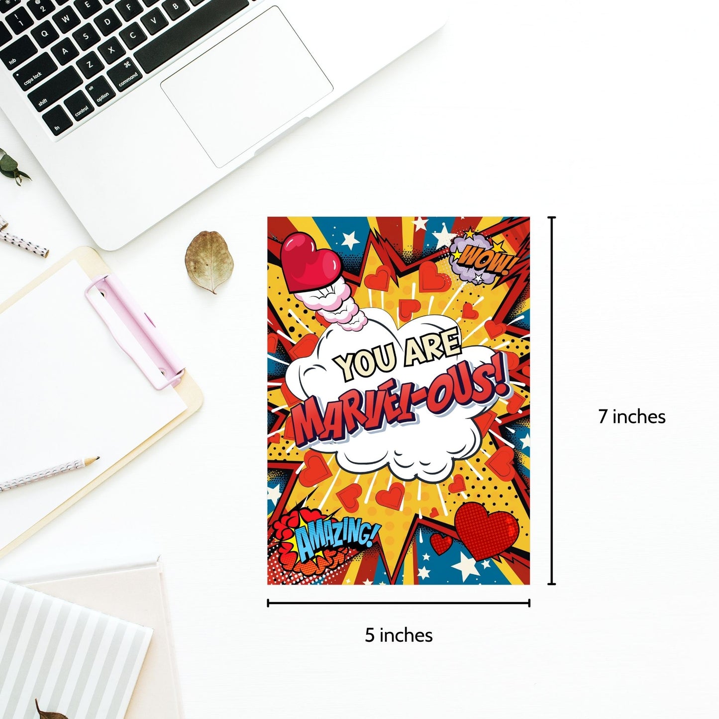 Printable Valentine’s Day Greeting Card featuring the superhero-inspired phrase “You Are MARVELous.” Designed as a 5x7 PDF on an 8.5 x 11 sheet with two cards per page. A bold and fun Valentine’s card for Marvel fans and comic lovers.