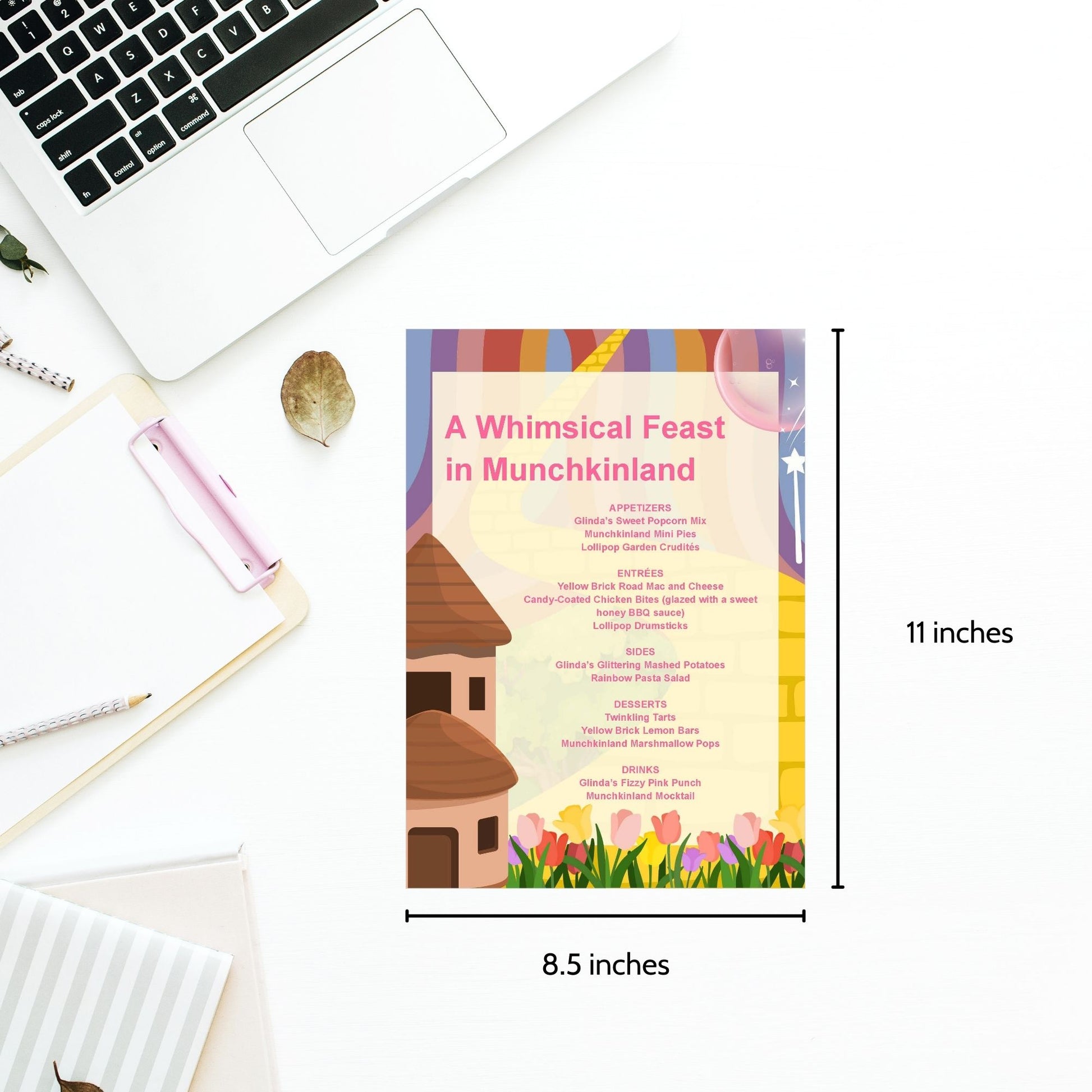 Editable Munchkinland-inspired menu template featuring playful dishes like Glinda's Fizzy Pink Punch and Yellow Brick Road Mac and Cheese, perfect for kid-friendly parties and Wizard of Oz-themed events.