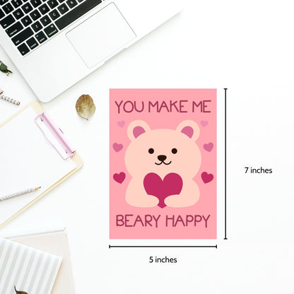 Printable Valentine’s Day Greeting Card featuring the pun “You Make Me Beary Happy.” Designed as a 5x7 PDF on an 8.5 x 11 sheet with two cards per page. A cute and heartfelt Valentine’s card for loved ones.