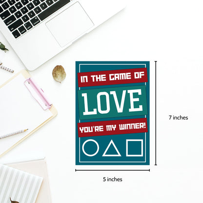 A Squid Game-inspired printable Valentine's Day card featuring bold graphics and a playful love message. Perfect for fans of the show who want a fun and unique Valentine’s card.