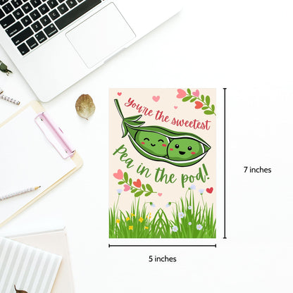 Printable Valentine’s Day Greeting Card featuring the phrase “You’re the Sweetest Pea in the Pod” with a cute pea pod design. Designed as a 5x7 PDF on an 8.5 x 11 sheet with two cards per page. A sweet and punny Valentine’s card for loved ones.