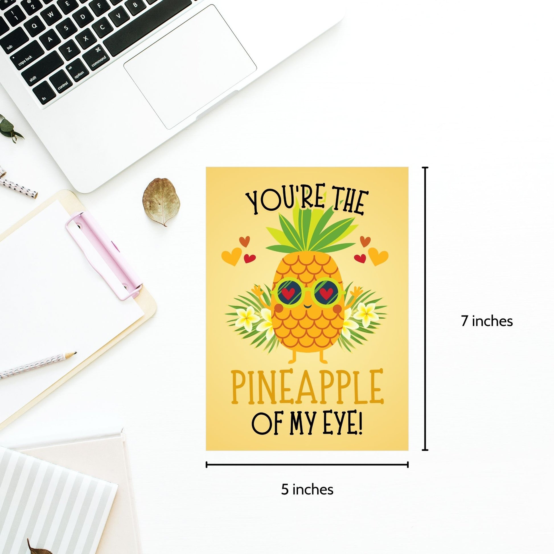 Printable Valentine’s Day Greeting Card featuring the phrase “You’re the Pineapple of My Eye” with a cheerful pineapple theme. Designed as a 5x7 PDF on an 8.5 x 11 sheet with two cards per page. A fun and tropical Valentine’s card for loved ones.