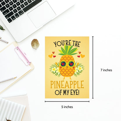 Printable Valentine’s Day Greeting Card featuring the phrase “You’re the Pineapple of My Eye” with a cheerful pineapple theme. Designed as a 5x7 PDF on an 8.5 x 11 sheet with two cards per page. A fun and tropical Valentine’s card for loved ones.