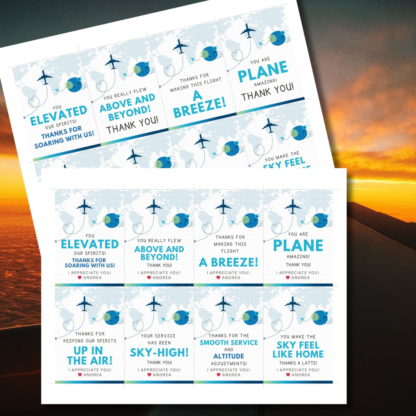 Printable aviation thank you gift tags in cool blue and teal tones with airplane design, created for flight crew appreciation gifts.