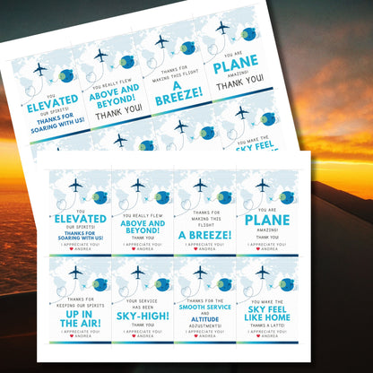 Printable aviation thank you gift tags in cool blue and teal tones with airplane design, created for flight crew appreciation gifts.