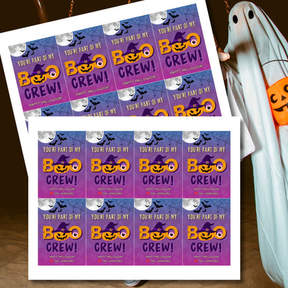 Halloween stickers with 'You're part of my Boo Crew!' text on a white background.