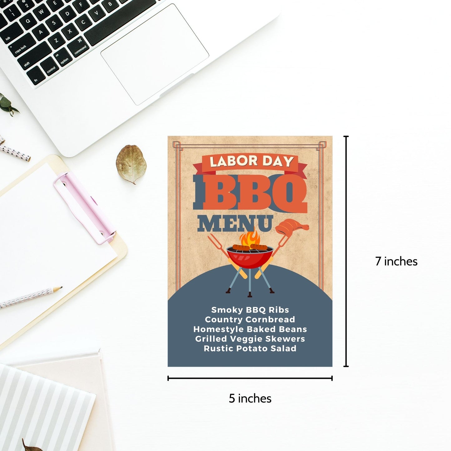 Rustic Labor Day BBQ menu with a vintage design, featuring editable food items like Smoky BBQ Ribs and Country Cornbread