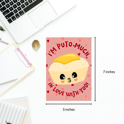 Printable Valentine’s Day card featuring the phrase “I’m Puto Much in Love with You” with a puto-inspired design. Designed as a 5x7 PDF on an 8.5 x 11 sheet with two cards per page. A punny and heartfelt Valentine’s card for Filipino food lovers.