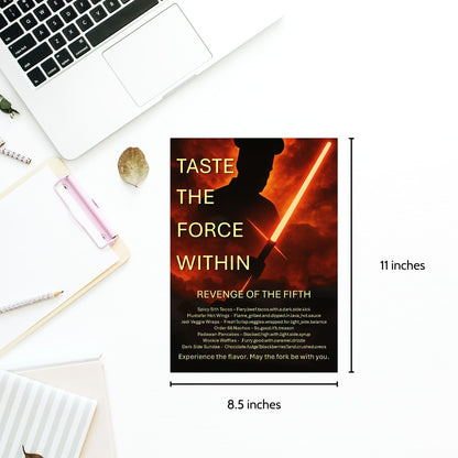 Editable Revenge of the Fifth menu template with Star Wars-themed food items like Spicy Sith Tacos and Jedi Veggie Wraps, perfect for chef promos and May 5th celebrations.