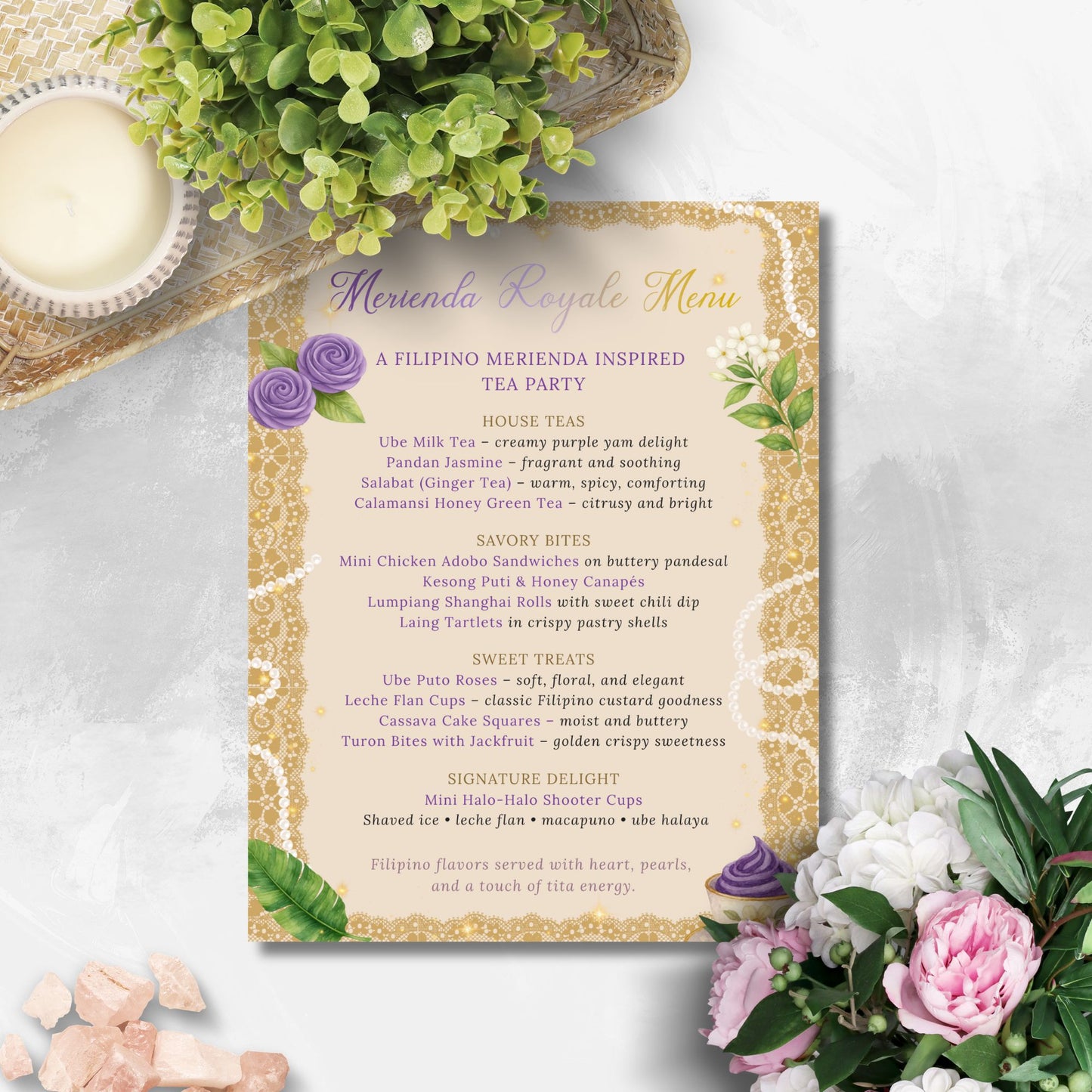 Menu card for a Filipino Merienda Tea Party with floral decorations on a textured surface.