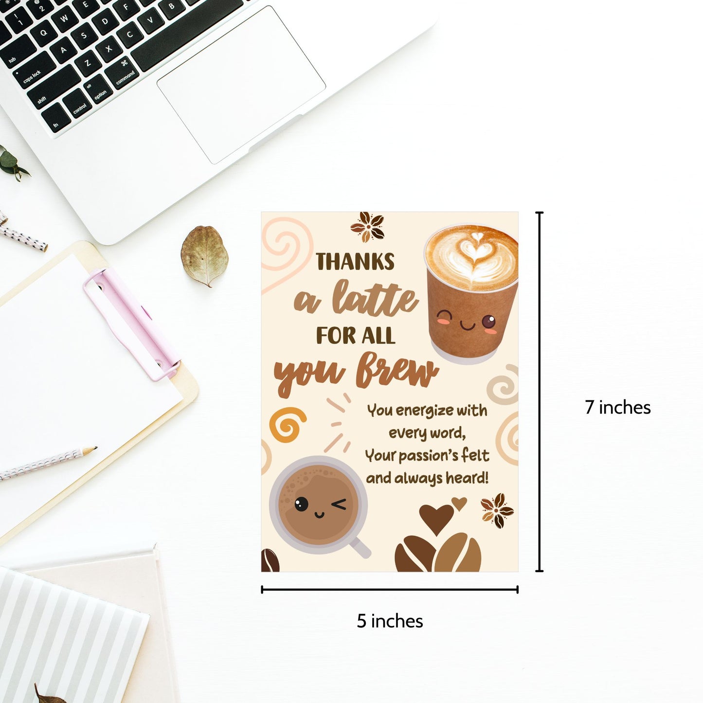 Printable 5x7 coffee-themed teacher card saying “Thanks a Latte for All You Brew” – digital download