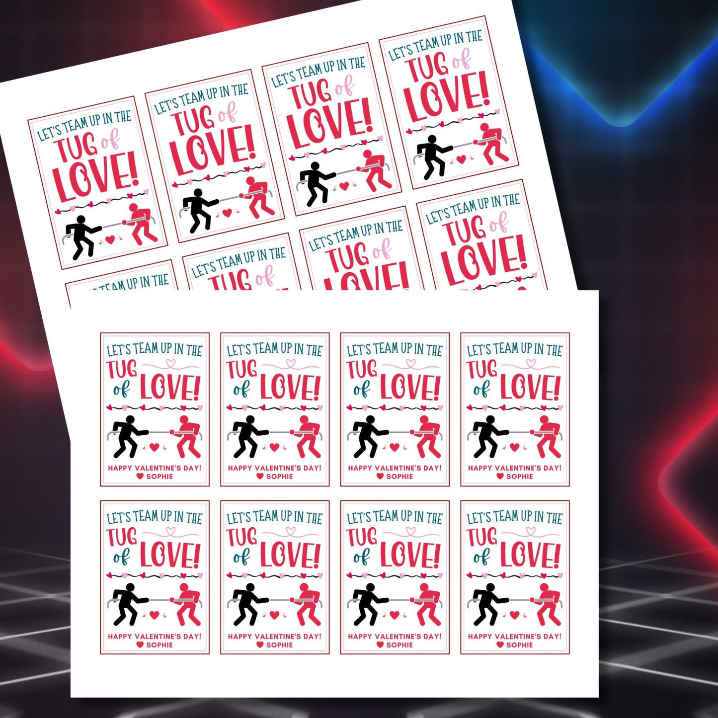 Tug-of-war-themed printable Valentine’s Day gift tags with the message "Let’s Team Up in the Tug of Love!" featuring customizable name options. Perfect for kids, coworkers, and loved ones.