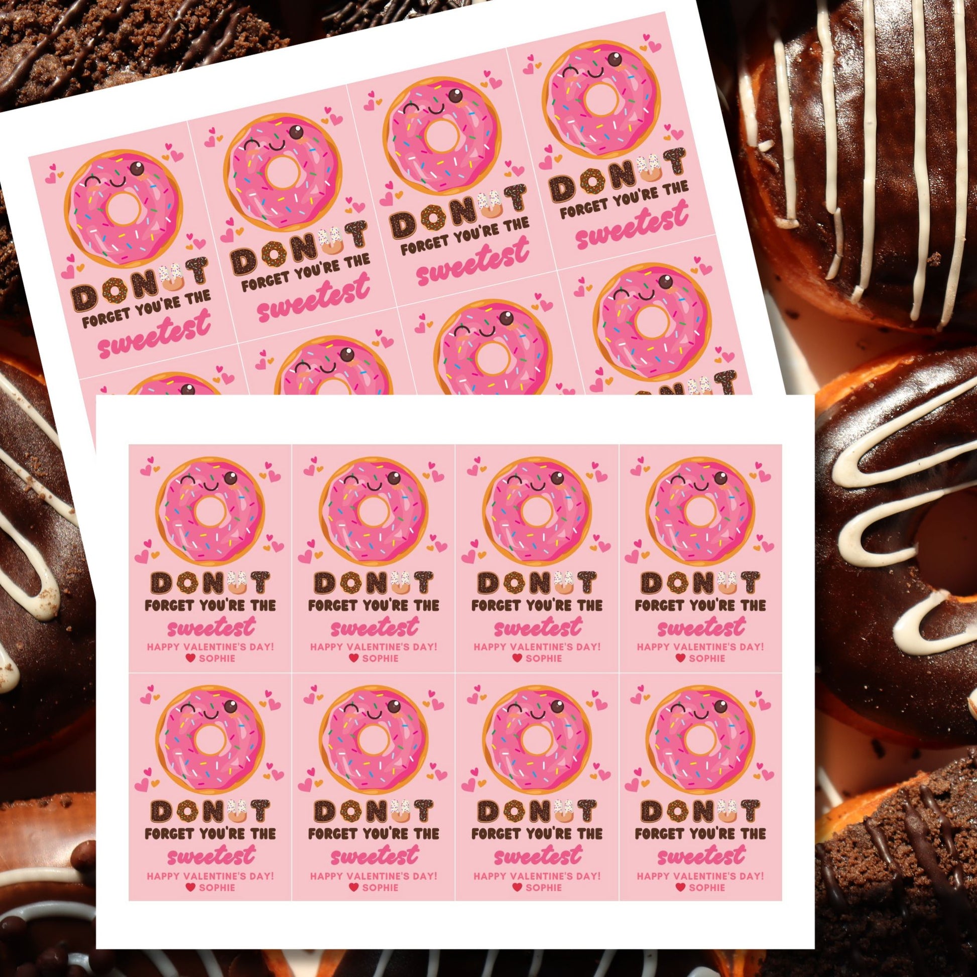 Cute printable and editable donut-themed Valentine’s Day gift tags featuring the message "Donut Forget You’re the Sweetest!" Perfect for pairing with a donut or treat for teachers, employees, students, and coworkers.