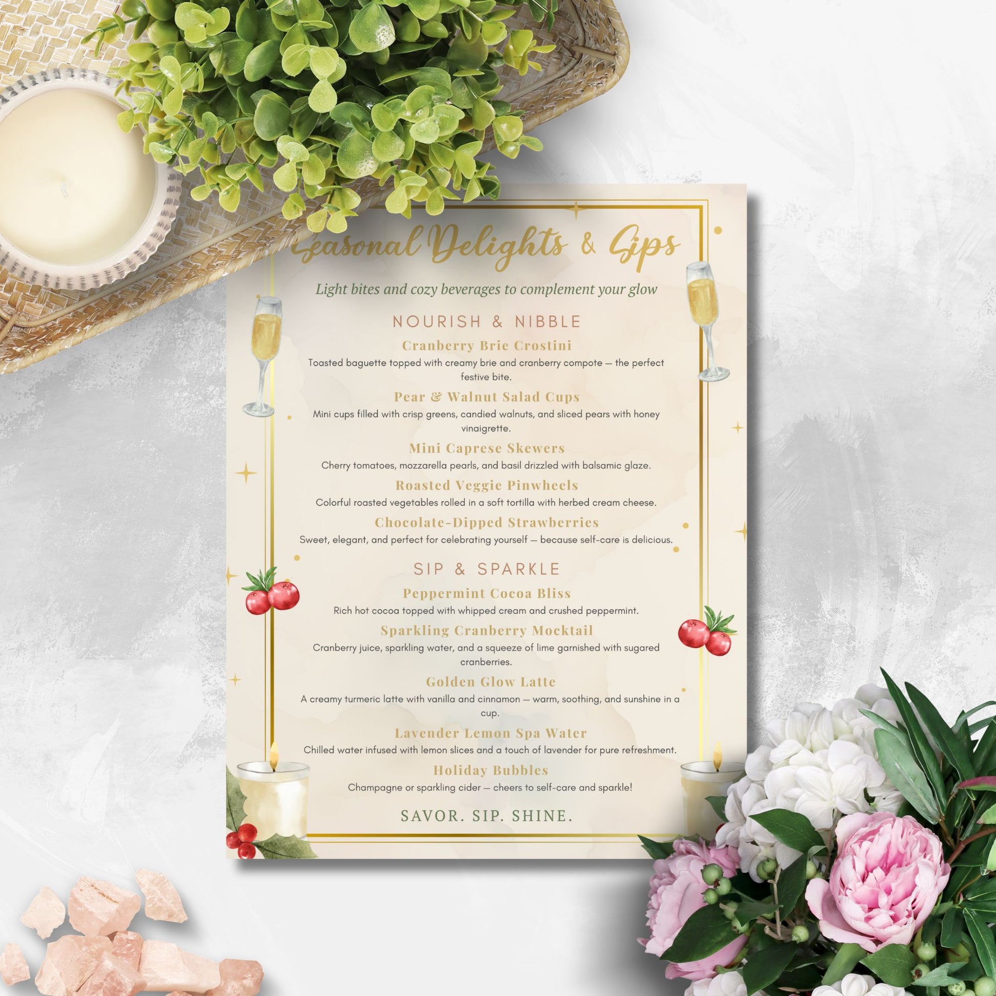 Elegant editable spa food and drink menu template – “Seasonal Delights & Sips” featuring holiday-inspired refreshments and cozy spa treats, designed to match the Glow into the Holidays collection by Given Crafted Wonders.